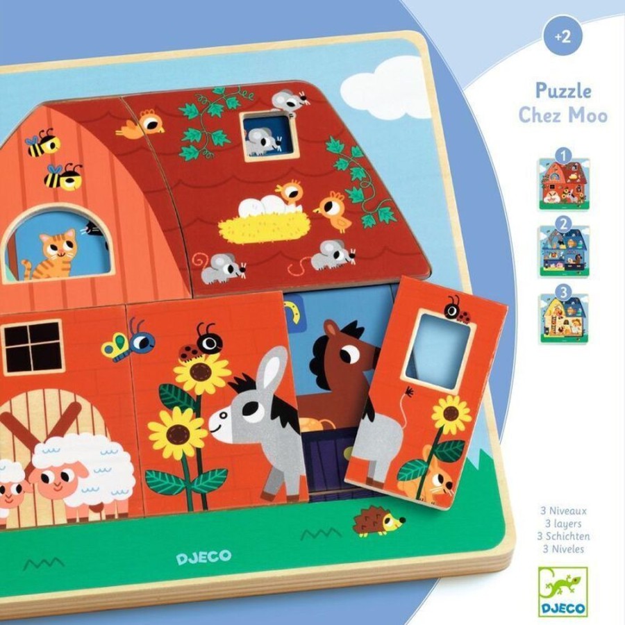 Puzzles Djeco | Djeco - Chez Moo 3 Layer Wooden Puzzle